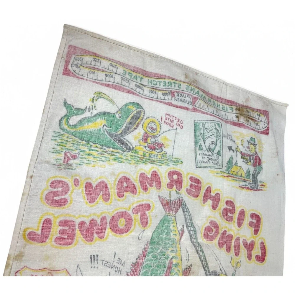 Vintage Fisherman's Lying Towel 1950s Mid Century Dish Tea Kitsch Funny Novelty